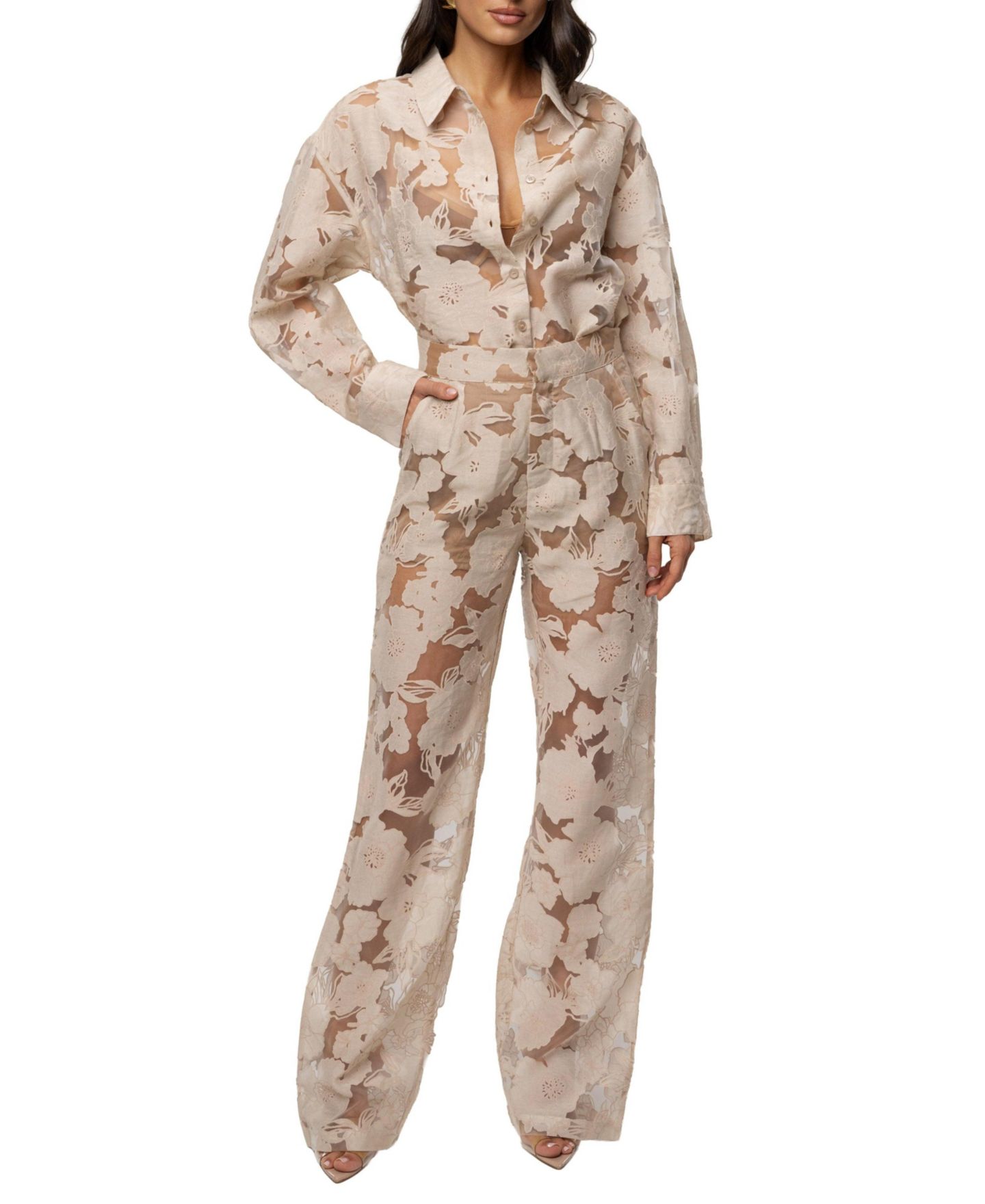 Женские брюки JLUXLABEL Organza Floral Pant, цвет: Бежевый — фото 5