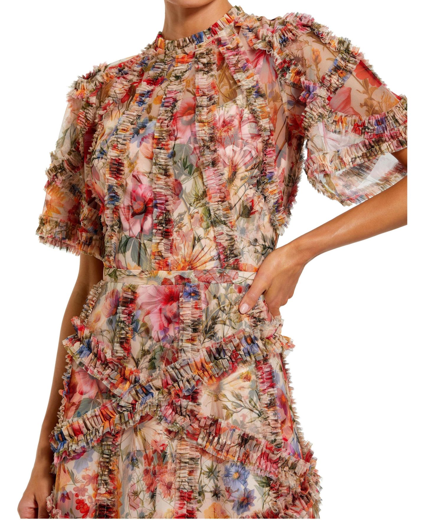 Женское платье Mac Duggal Floral Flutter Sleeve Mesh Print, цвет: Кремовый разноцветный — фото 3