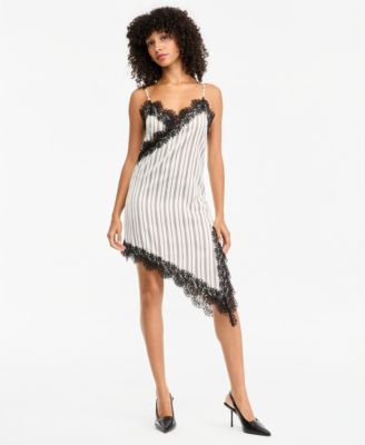 bar iii black lace dress Women's Pinstripe V-Neck Lace-Trim Satin Dress, Macy's Exclusive alttext 3% spandex Black Cocktail Dress | Lace corset Length:4