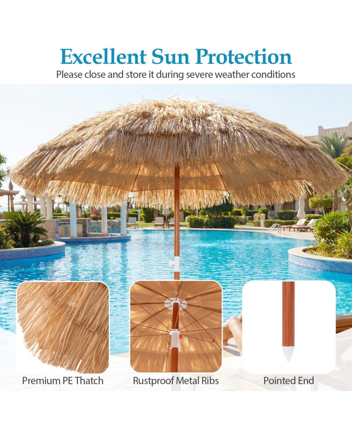 Slickblue Set of 2 Thatched Beach Umbrella with Tilt and Carrying Bag