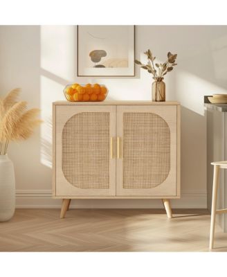 Farmhouse Buffet Cabinet with Rattan Doors Solid Wood Feet 4 Compartment Storage Cabinet