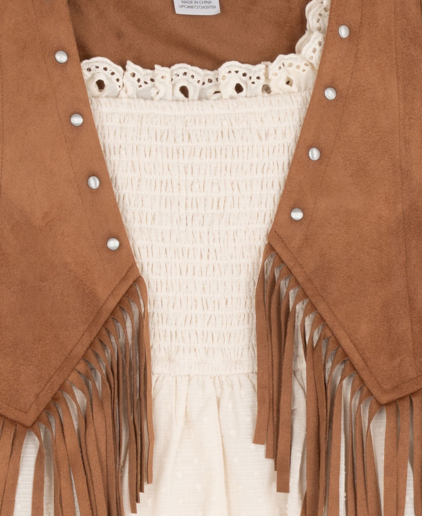 Комплект Rare Editions Suede Fringe Vest and Clip Dot Cotton Puff Sleeve Dress, 2-Piece Set для девочек, цвет: Слоновая кость — фото 7
