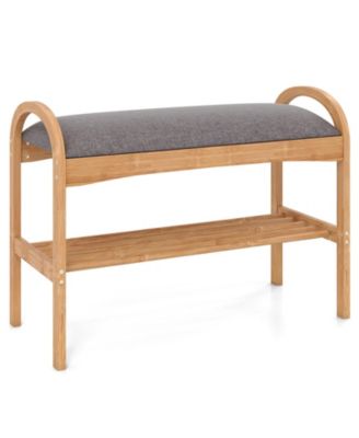 Wicker Shoe Bench with Cushion Seat and 2-Level Storage Shelf for Entryway