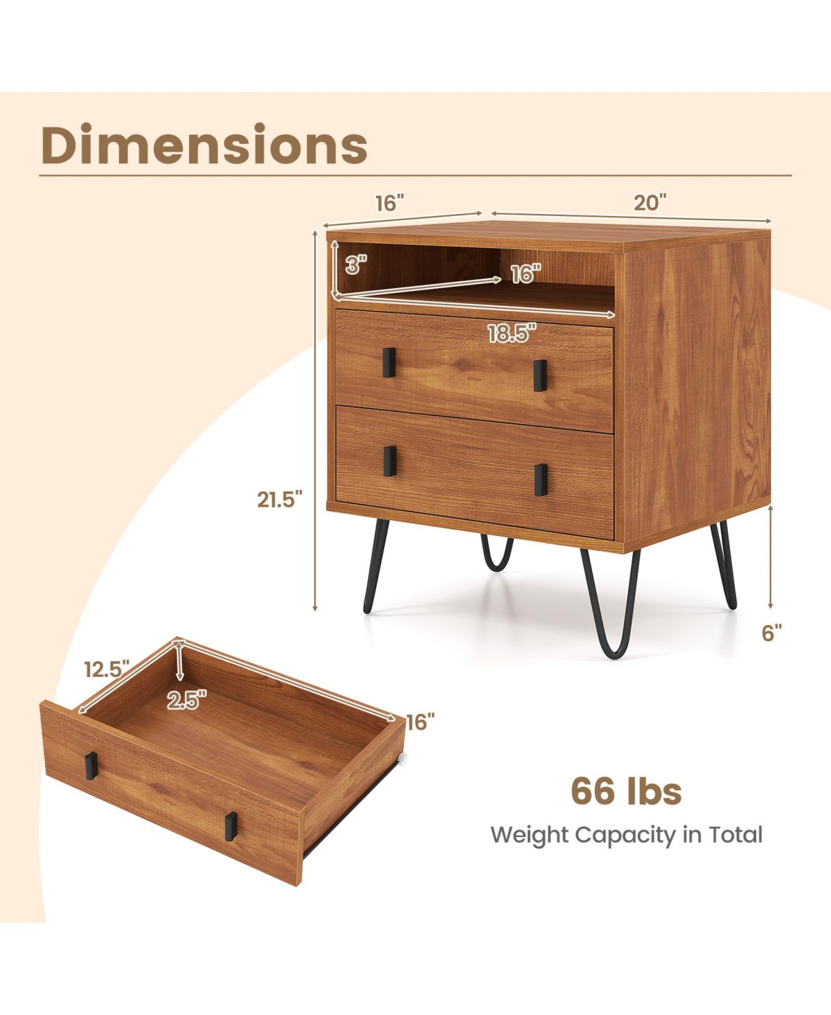 Slickblue 2 Drawer Nightstand with Storage Compartment Mid Century Design