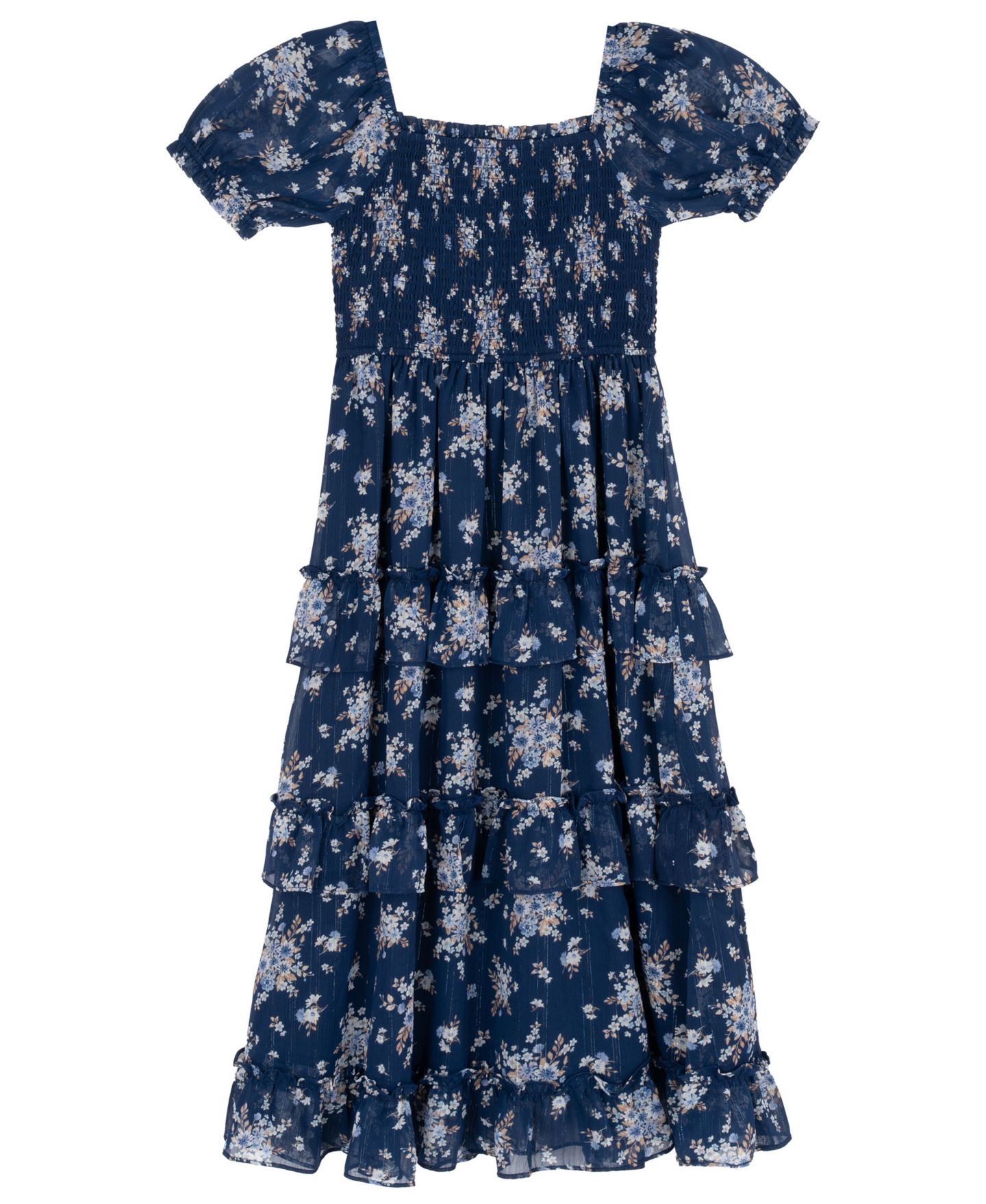 Платье Rare Editions Printed Lurex Chiffon Puff Sleeve Tiered Midi Dress для девочек, цвет: Тёмно-синий — фото 4