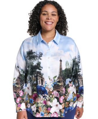 Plus Size City Scene Collared Button-Front Top