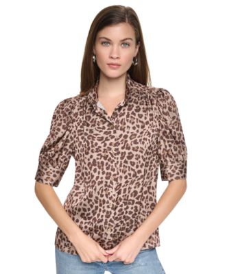 Women's Puff Sleeve Shirt With Stand Collar 
