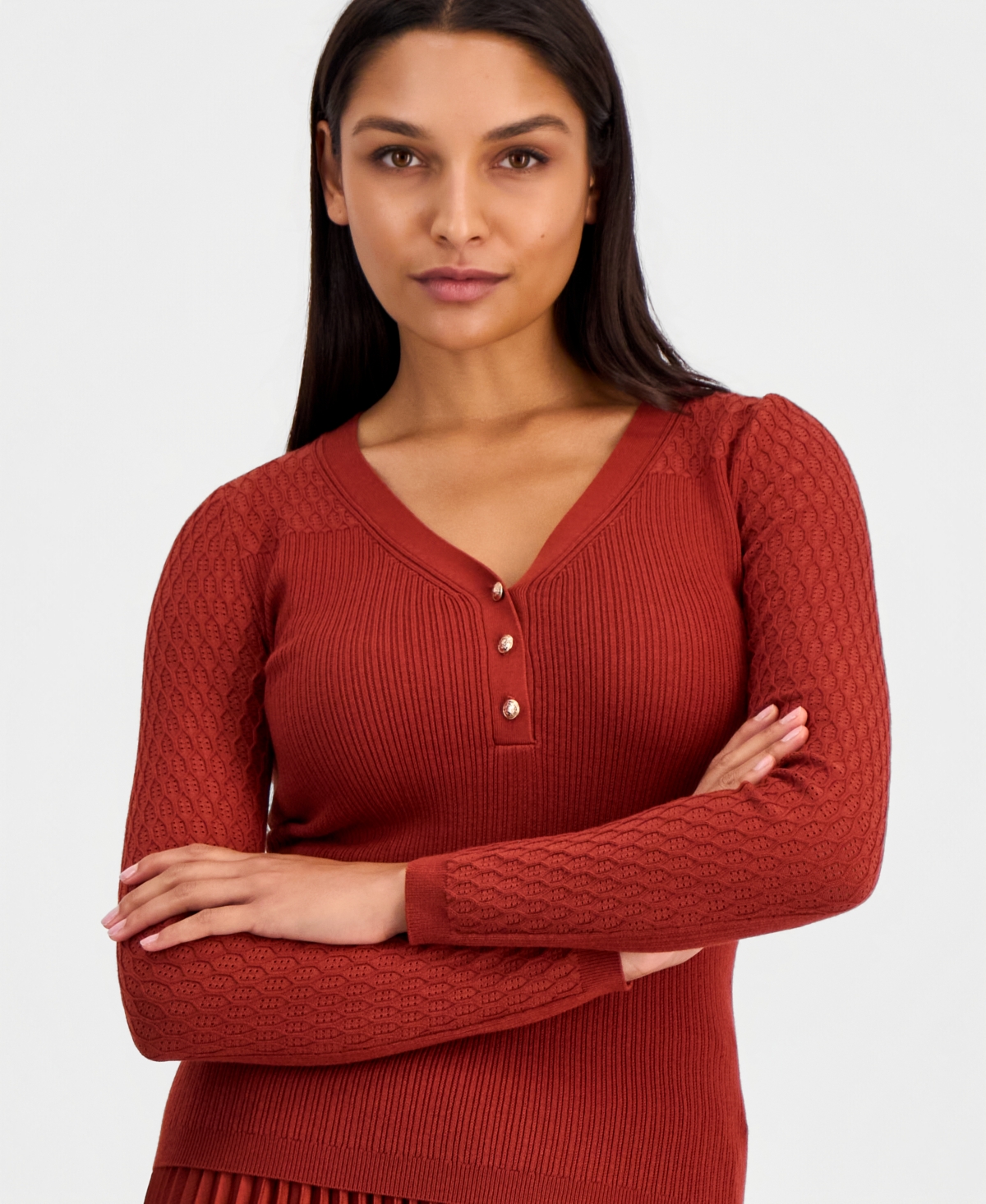 Elie Tahari Women's Yusra V-Neck Long-Sleeve Half-Button Sweater