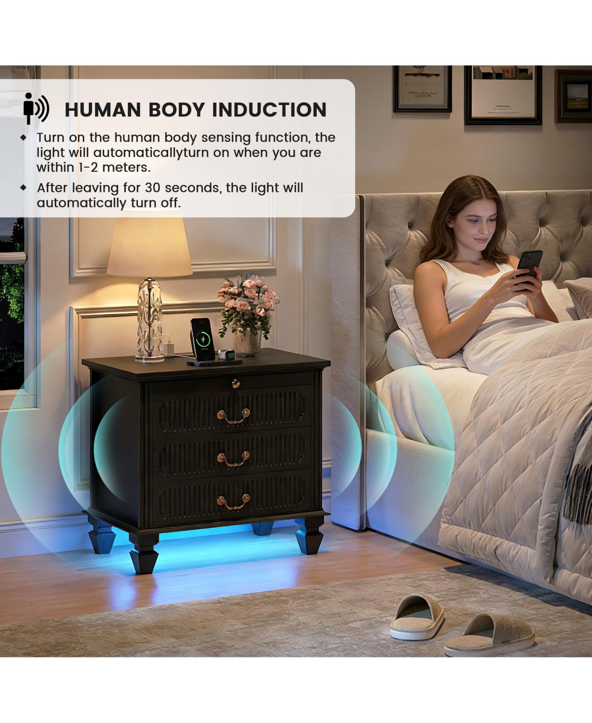 Vlsrka 25.6" Solid Wood Nightstand with 4 Drawers, Charging Station and Led Light