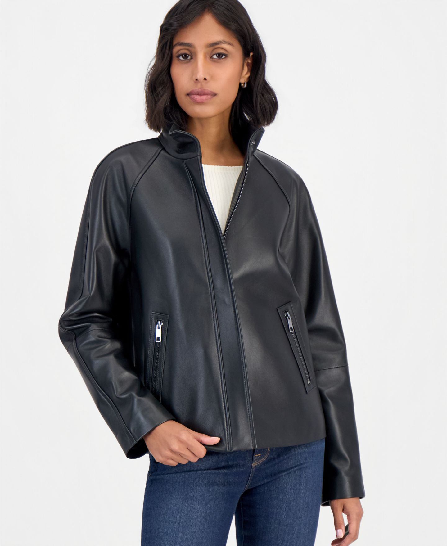Женская куртка Calvin Klein Leather Stand-Collar Zip-Up, цвет: Чёрный — фото 1