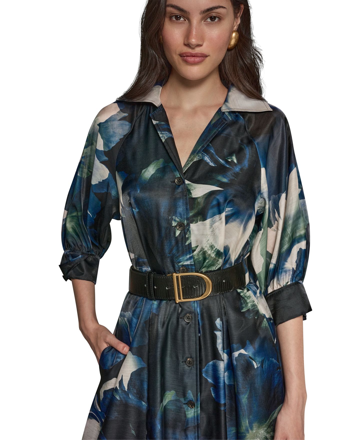 Женское платье Donna Karan New York Petite Organza Printed Shirt Dress, цвет: Чёрный тёмно-зелёный разноцветный — фото 4