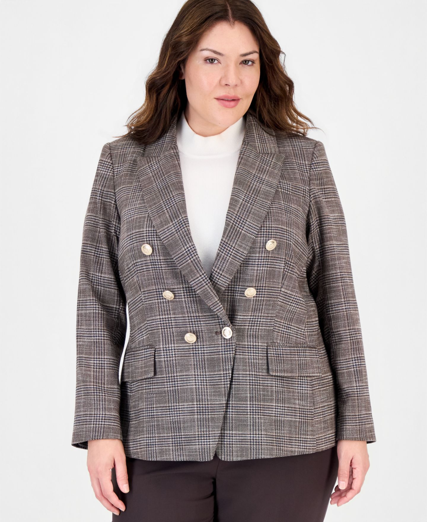 Женский пиджак Tahari Plus Size Plaid Double-Breasted Blazer, цвет: Тёмно-коричневый / Слоновая кость — фото 5