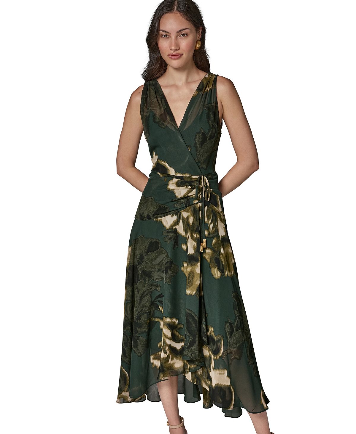 Donna Karan New York Women's Sleeveless Printed Chiffon Surplice Neck Dress view 2 — MAYCSS fashion products