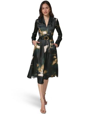 Women's Long-Sleeve Printed Charmeuse A-Line Dress With Belt