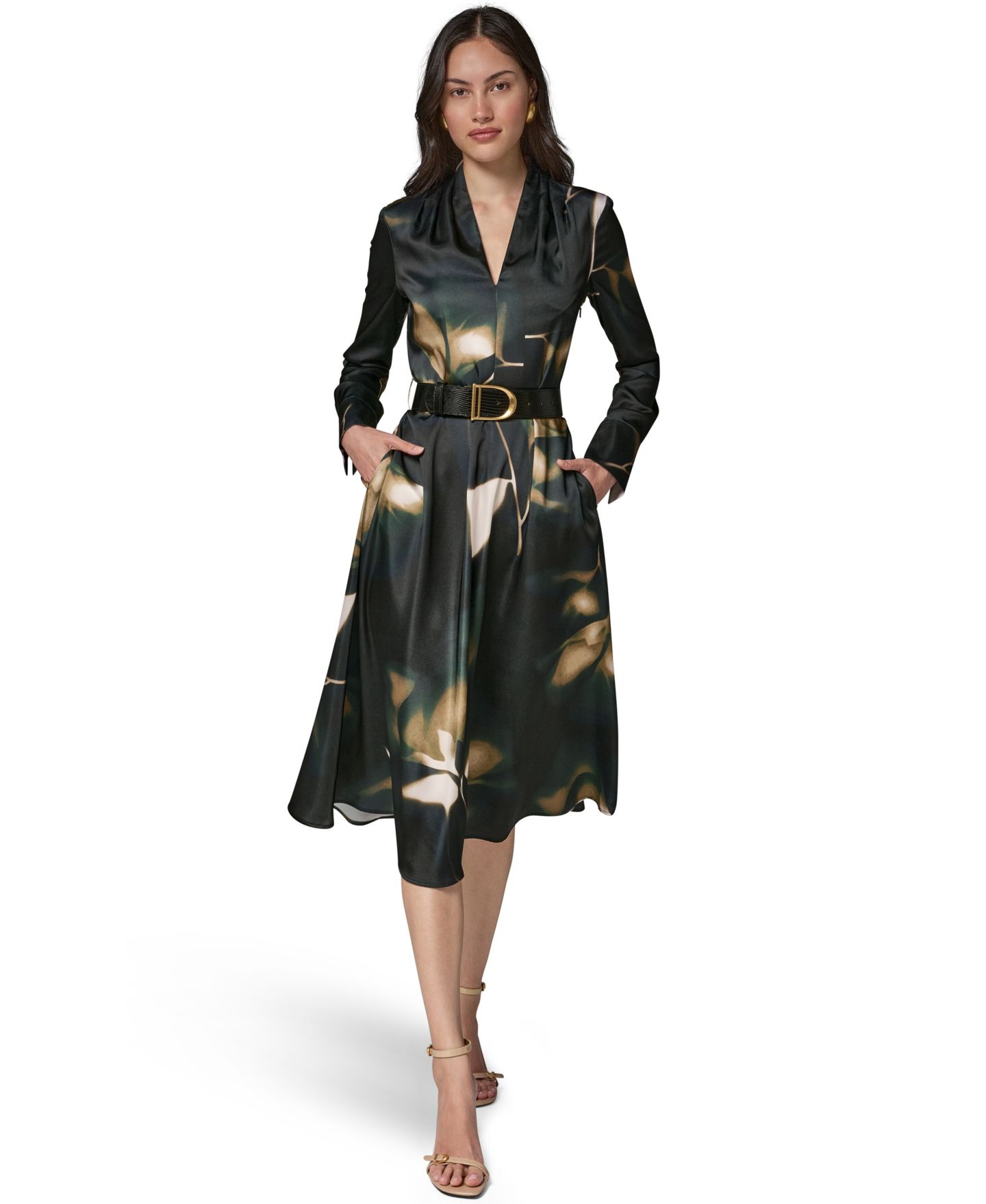 Женское платье Donna Karan New York Long-Sleeve Printed Charmeuse A-Line Dress With Belt, цвет: Оливковый разноцветный — фото 1