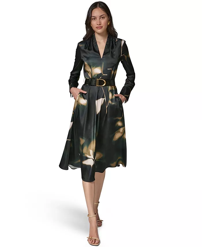 Women's Long-Sleeve Printed Charmeuse A-Line Dress With Belt