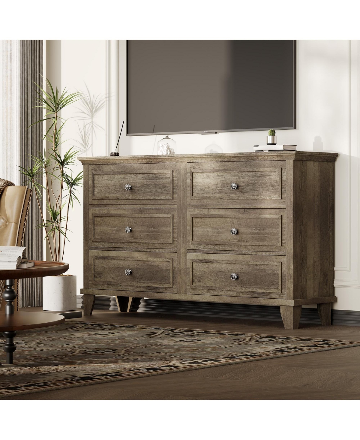 gaomon Contemporary 6-Drawer Wide Dresser, Modern Wooden Chest of Drawers with Metal Handles for Bedroom, Entryway Living Room - Grey