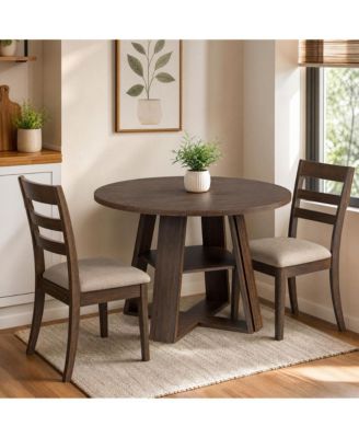 43" Round Modern Farmhouse Dining Table for 2-4, Circular Kitchen Table with Pedestal Base and Storage Shelf, Compact Dining Room Table