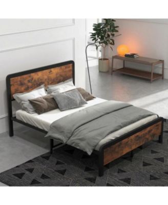 Bed Frame with Sturdy Wood Headboard, Metal Platform Frame with Strong Slats and Safe Rounded Corner, Easy Assembly
