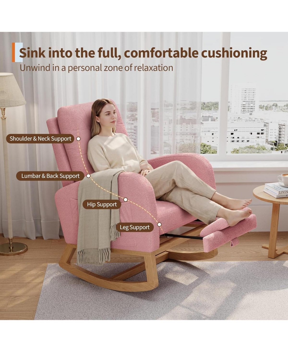 gaomon Nursery Rocking Chair with Adjustable Footrest, Teddy Fleece Upholstery, Sturdy Wooden Legs and High Backrest