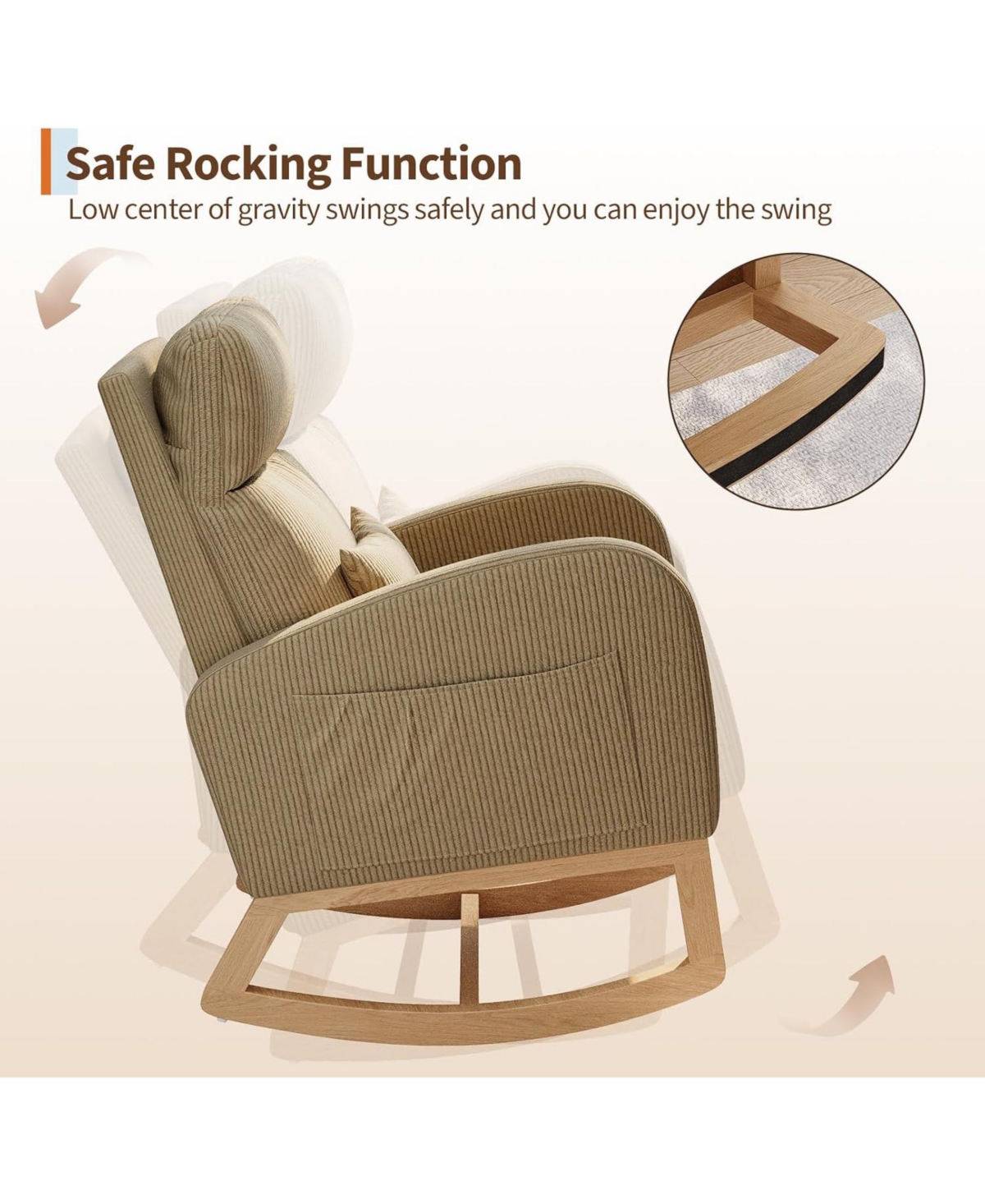 gaomon Corduroy Rocking Chair, Modern Nursery Glider Chair with Side Pockets and Pillow, Rocker Chair for Living Room Bedroom Nursing Room