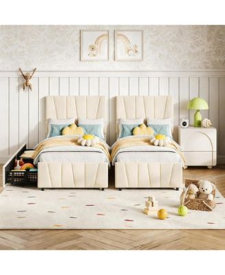 Twin Size Bed Frame with Adjustable Headboard and 2 Storage Drawers, Velvet Upholstered Tufted Twin Bed Frames with Wooden Slats Support