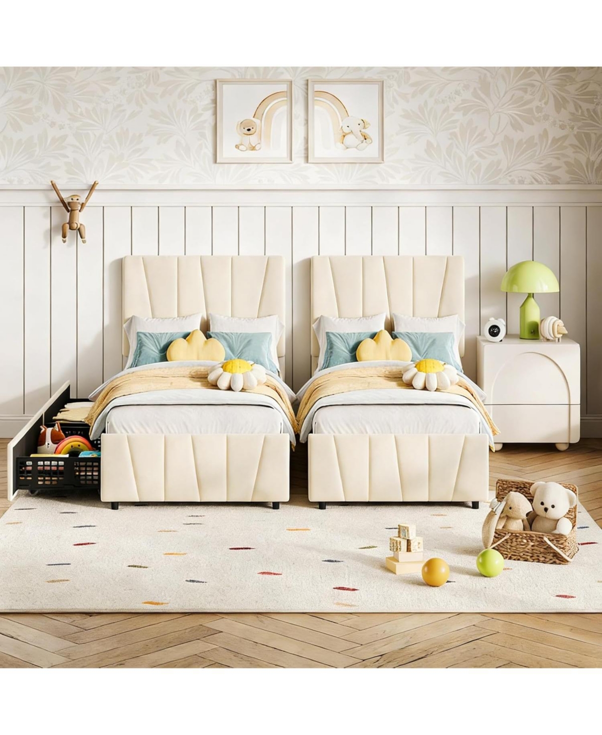 gaomon Twin Size Bed Frame with Adjustable Headboard and 2 Storage Drawers, Velvet Upholstered Tufted Twin Bed Frames with Wooden Slats Support
