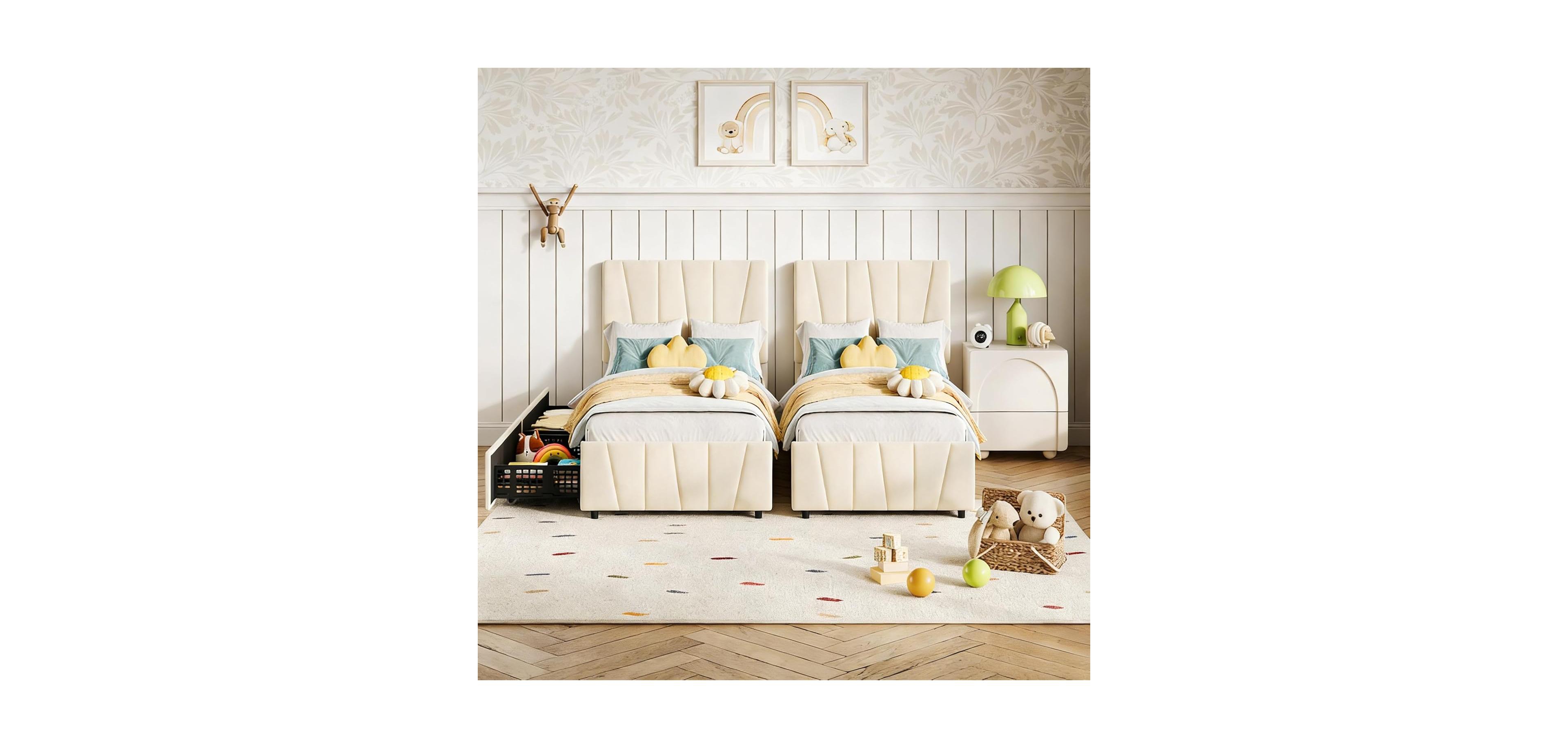 gaomon Twin Size Bed Frame with Adjustable Headboard and 2 Storage Drawers, Velvet Upholstered Tufted Twin Bed Frames with Wooden Slats Support