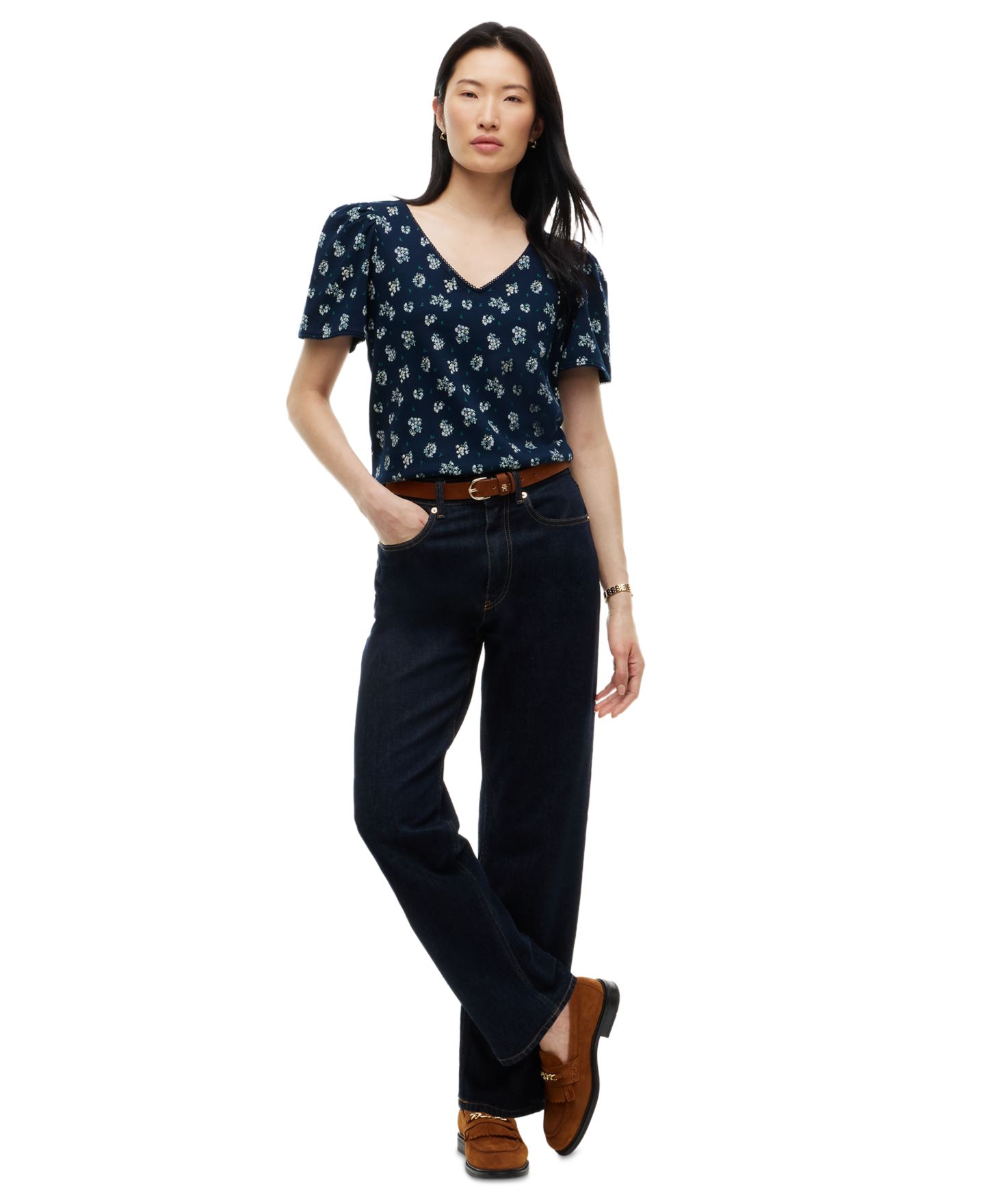 Женский топ Tommy Hilfiger Printed Contrast Trim Puff-Sleeve V-Neck Top, цвет: С принтом тёмный синий — фото 2