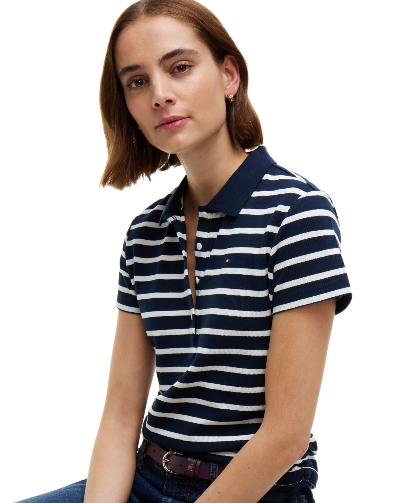 Женское поло Tommy Hilfiger Short-Sleeve Drawstring Polo Shirt, цвет: Тёмный синий экрю — фото 3