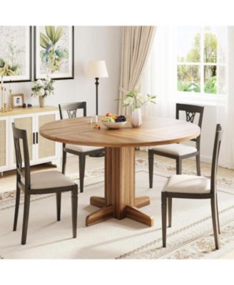 Round Dining Table for 4-6 - Farmhouse Walnut Wood - Sturdy Pedestal Base