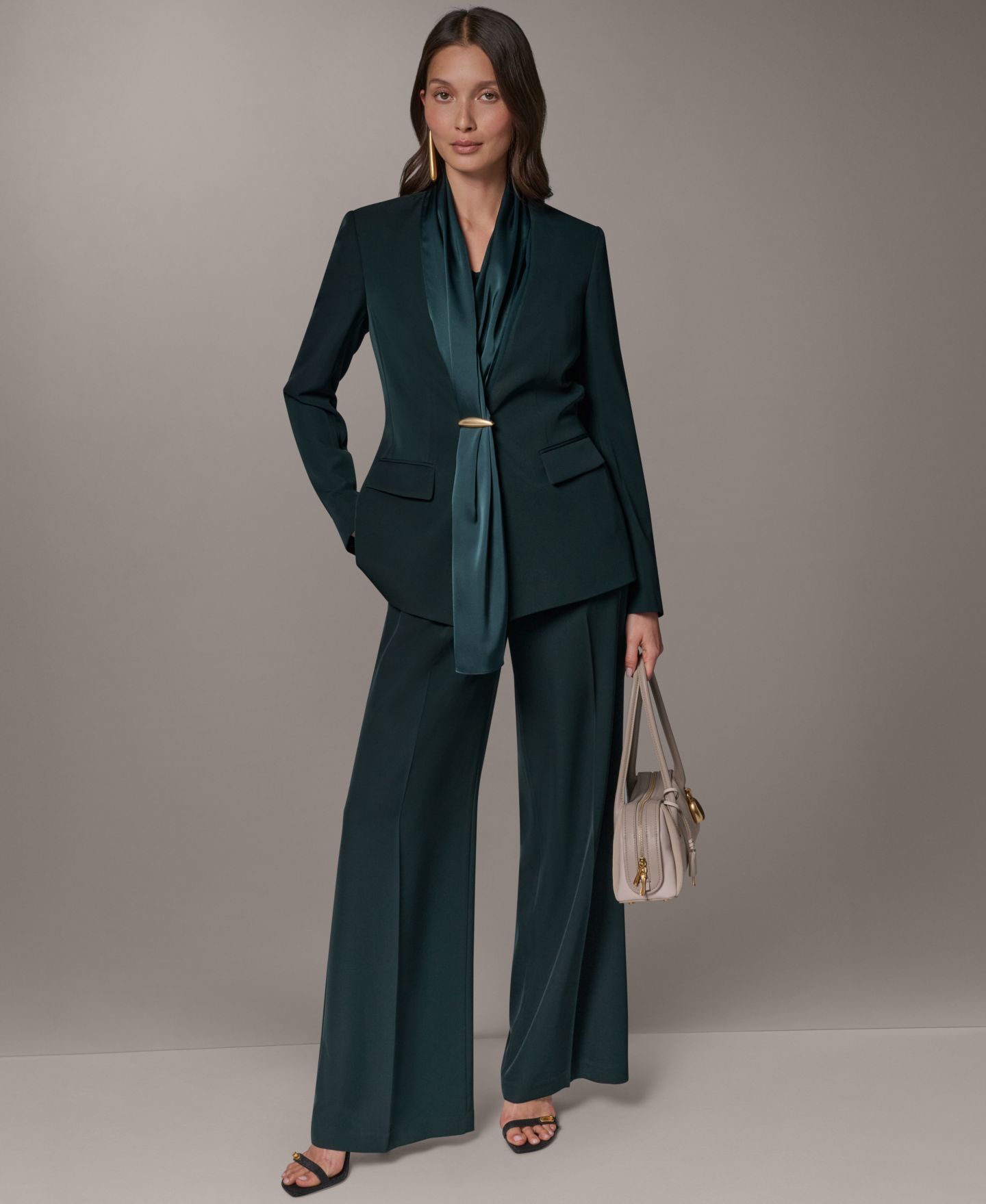 Женский пиджак Donna Karan New York Scarf Collar Blazer, цвет: Чёрный тёмно-зелёный — фото 11
