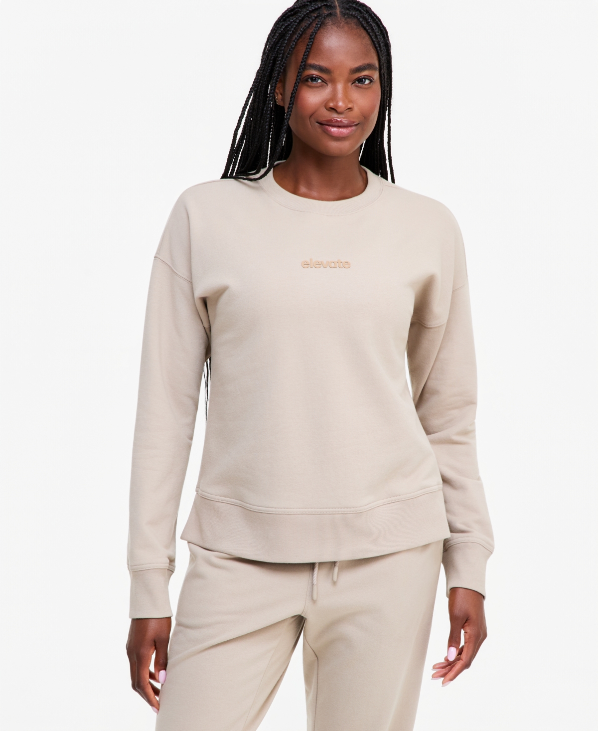 Id Ideology Women's Graphic Fleece Crewneck Sweatshirt, Macy's Exclusive In Elevate - Sand Dust
