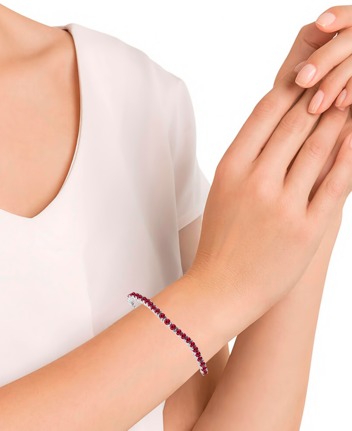 Macy's Simulated Round Adjustable Bracelet With Matching Stud Earrings 2-piece Set In Silver,ruby