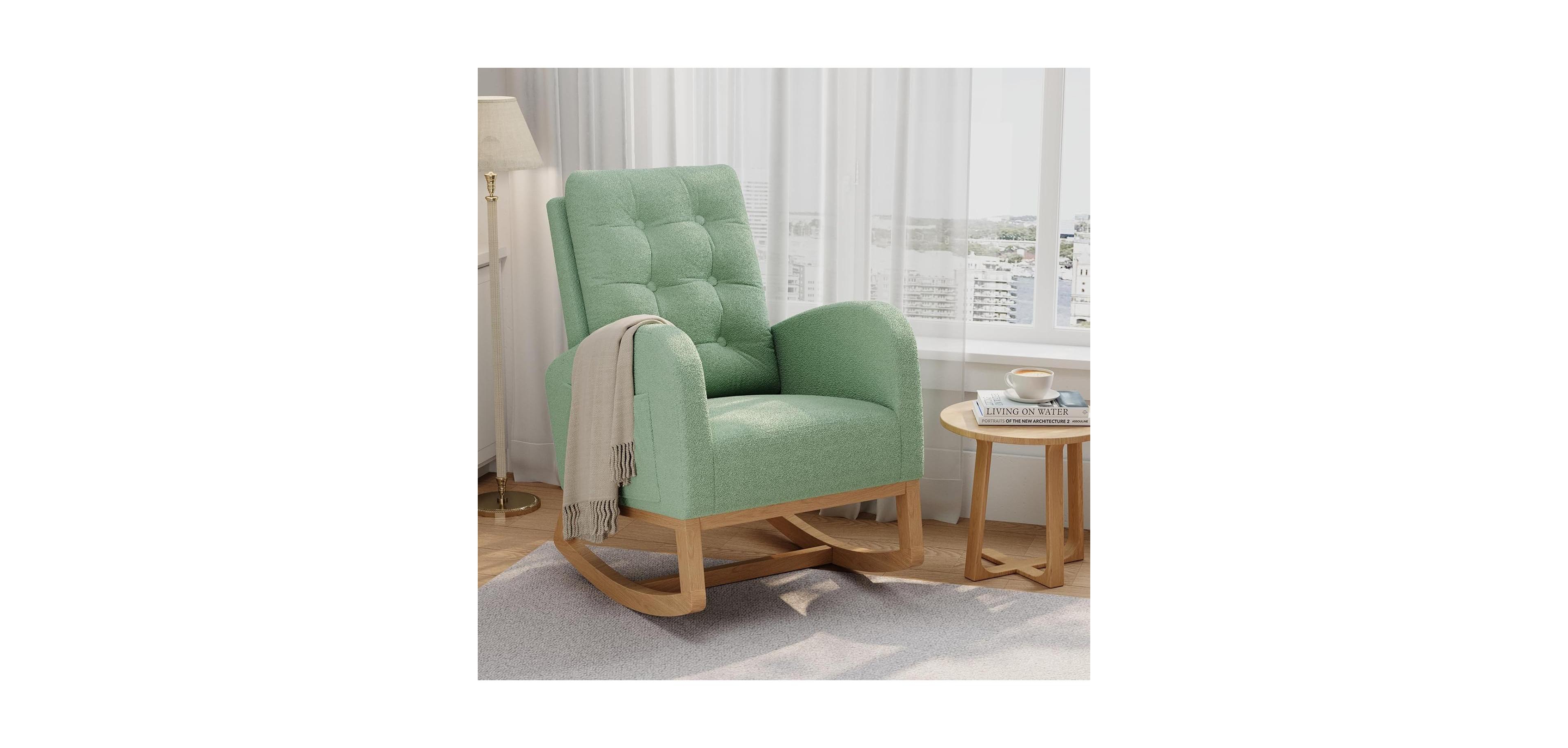 gaomon Nursery Rocking Chair, Teddy Fleece Upholstery, Sturdy Wooden Legs and High Backrest, Comfortable Glider Rocking Chair for Living Room