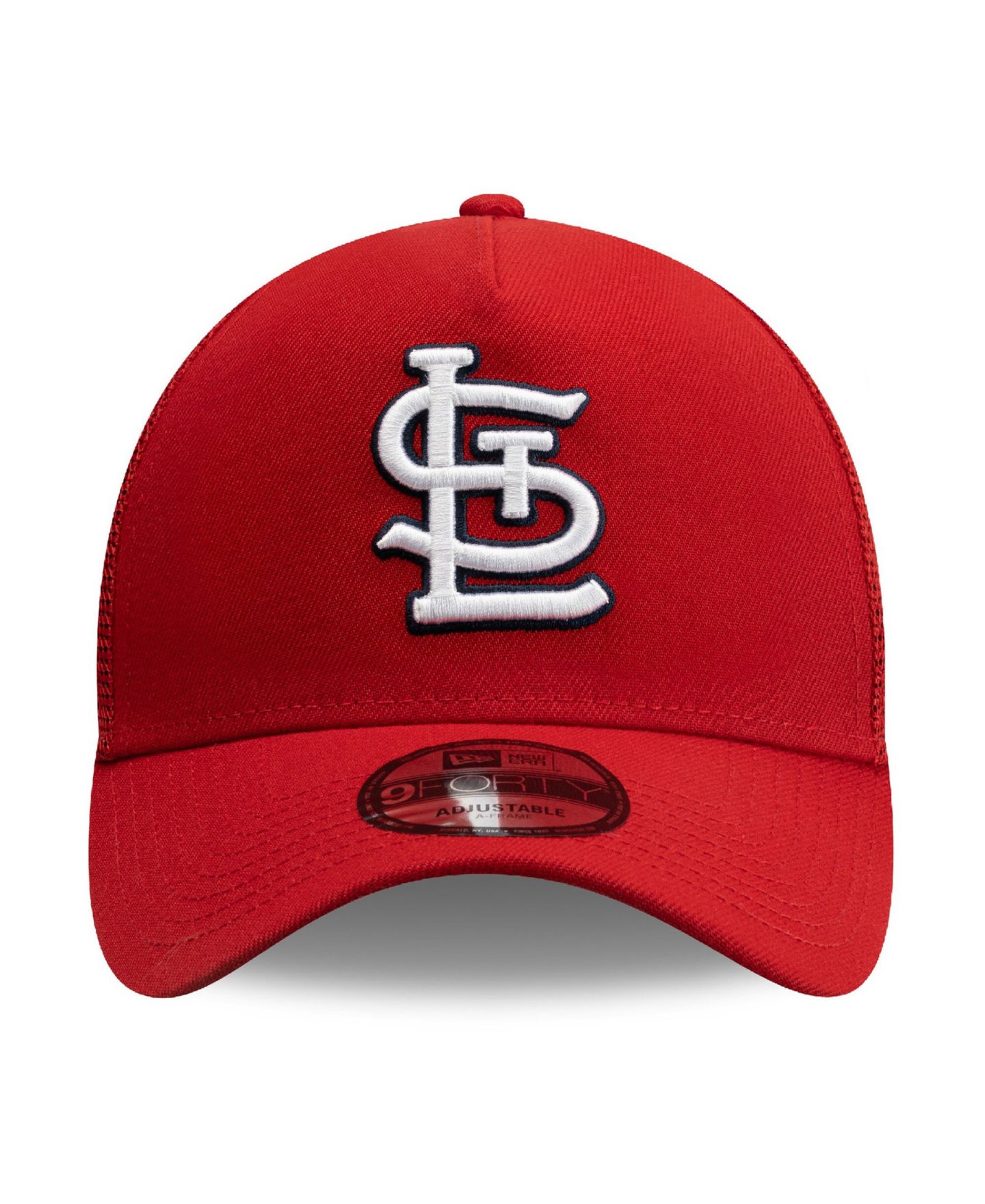 Мужская кепка New Era Red St. Louis Cardinals Side Script 9FORTY A-Frame Trucker Adjustable Hat — фото 2