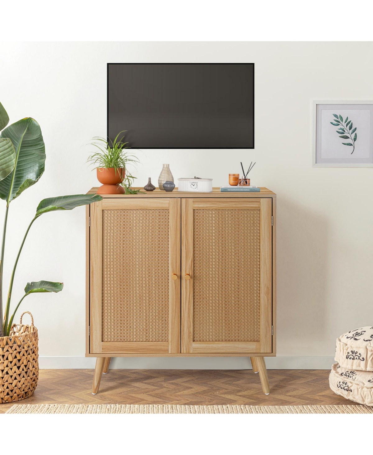 homfan Sideboard Buffet Cabinet with Rattan Doors Farmhouse Storage Table with Wood Feet for Living Room Kitchen Hallway