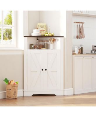Corner Storage Cabinet with Barn Door and Adjustable Shelf, Farmhouse Floor Organizer for Bathroom, Kitchen and Living Room