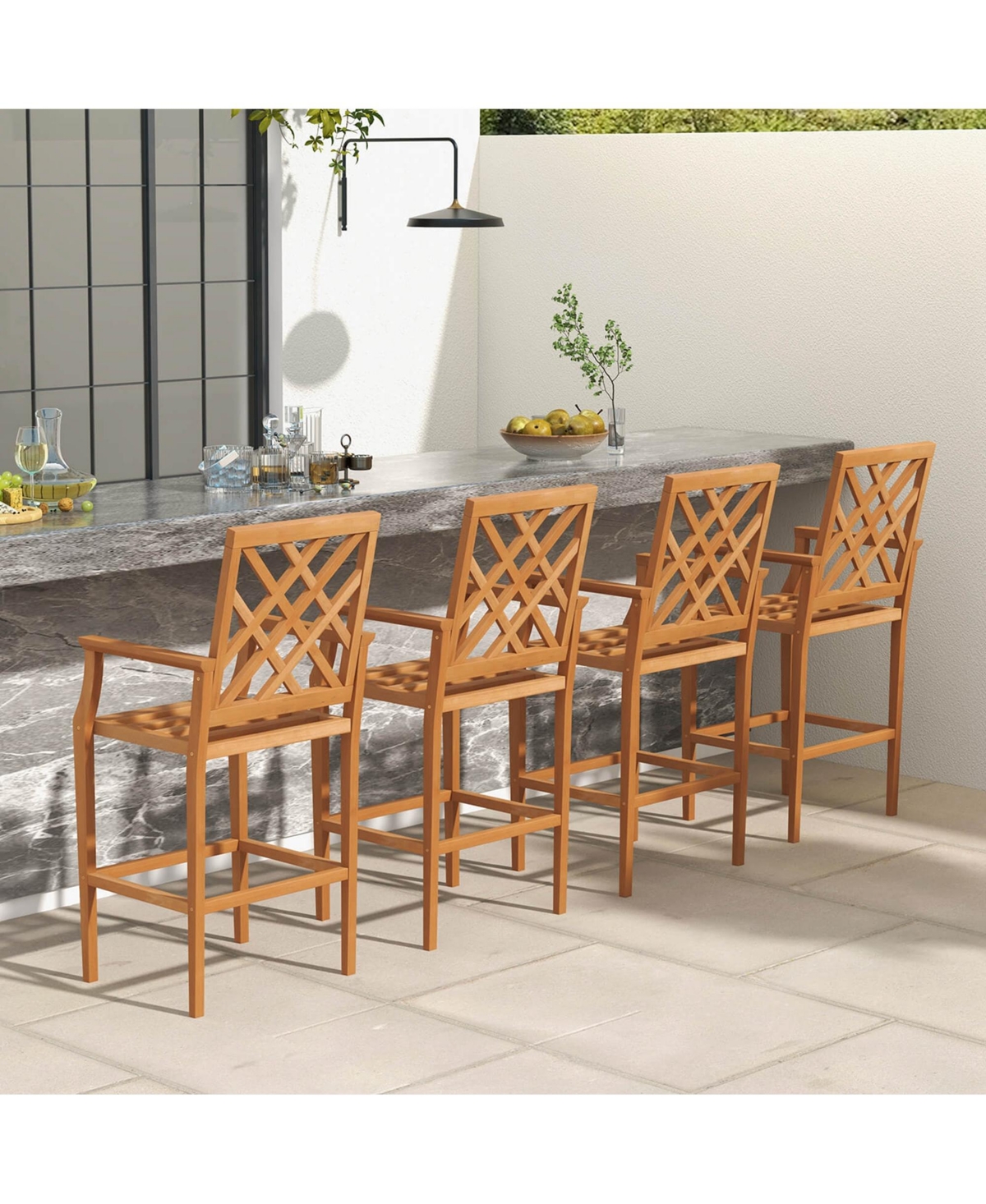 Costway Patio Teak Wood Bar Stool with Ergonomic Backrest Armrests and Footrest