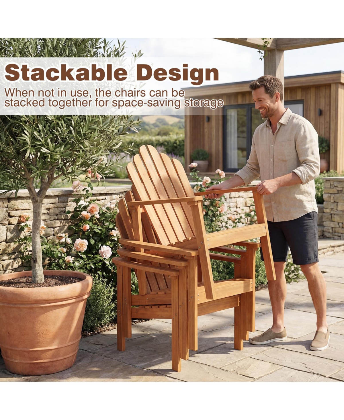 Gymax 2 Piece Stackable Adirondack Chairs Acacia Wood Chairs with Slatted Backrests and Seats