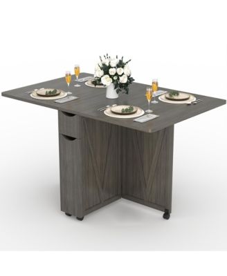 Folding Dining Table with Storage, Folding Kitchen Table with 6 Wheels, Drawer and Shelves, Compact Dining Table for Small Spaces