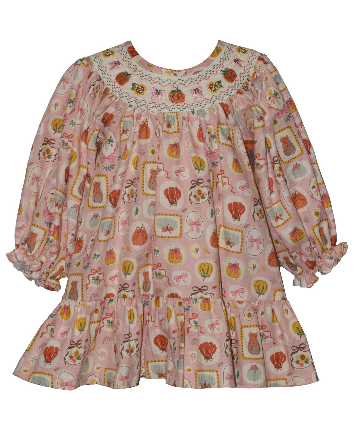 Платья Bonnie Baby Smocked Pumpkins Long-Sleeve Dress with Diaper Cover, 2-Piece set для девочек-малышей, цвет: Коралловый — фото 1