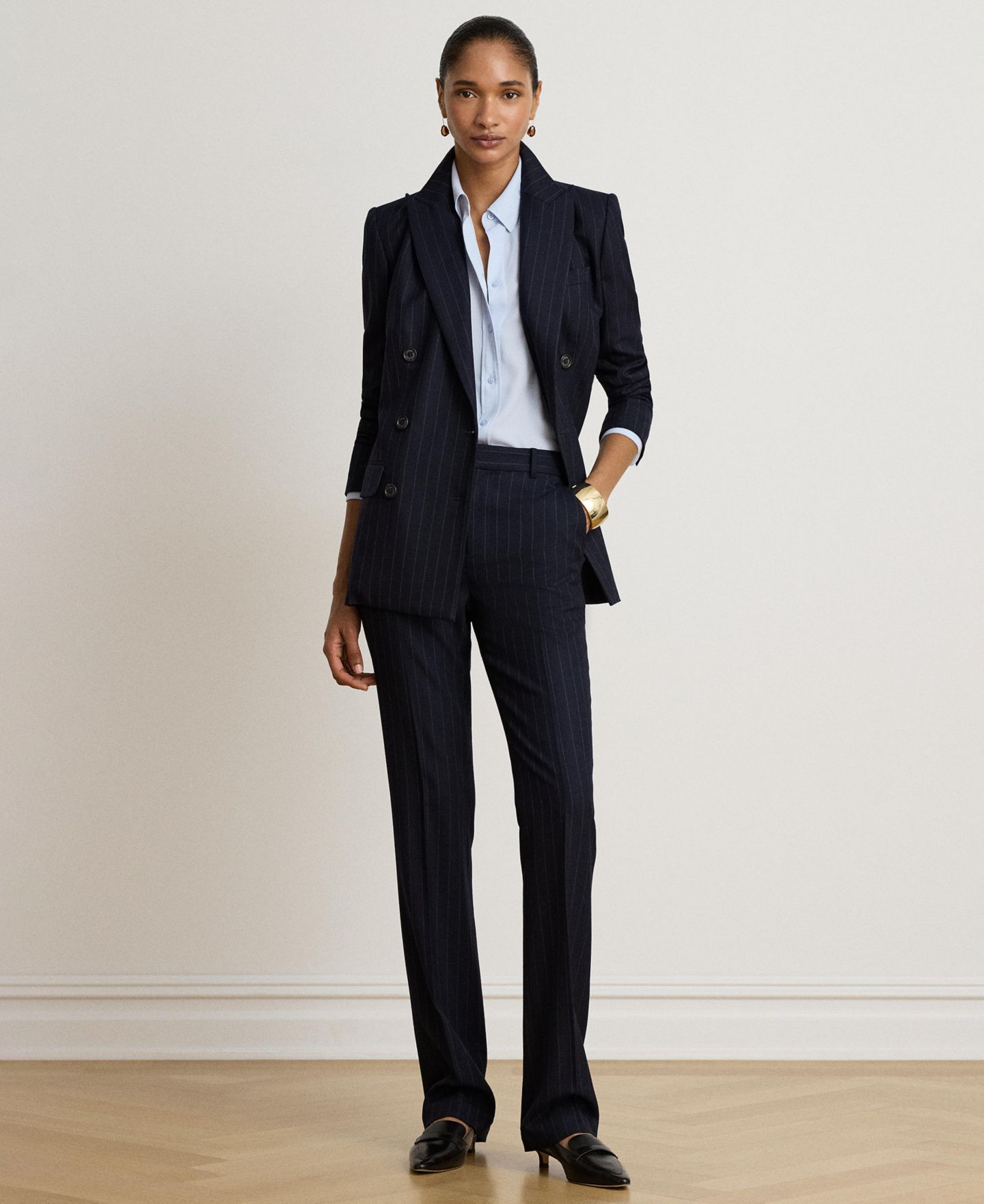 Женский пиджак Lauren Ralph Lauren Pinstripe Double-Breasted Twill Blazer, цвет: Тёмно-синий / Кремовый — фото 2