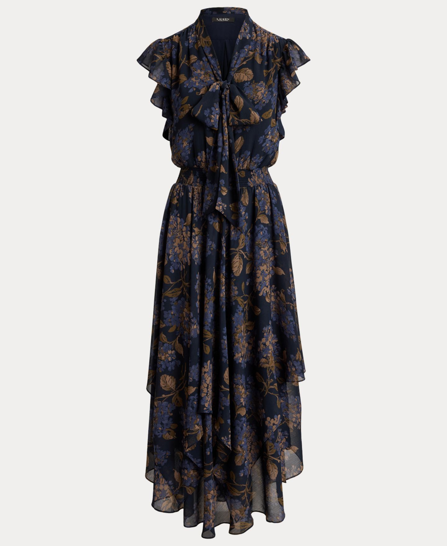 Женское платье Lauren Ralph Lauren Floral Crinkle Georgette Tie-Neck Midi, цвет: Тёмно-синий разноцветный — фото 7