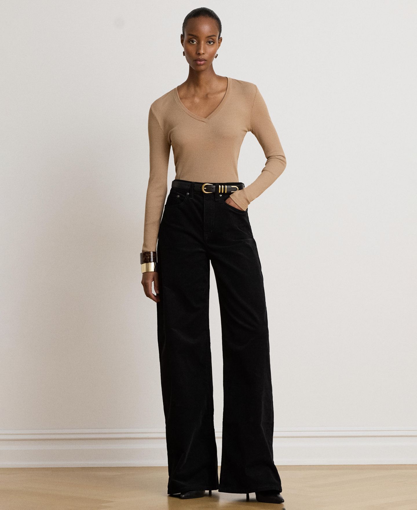 Женский топ Lauren Ralph Lauren Rib-Knit Long-Sleeve V-Neck Top, цвет: Верблюжий — фото 3