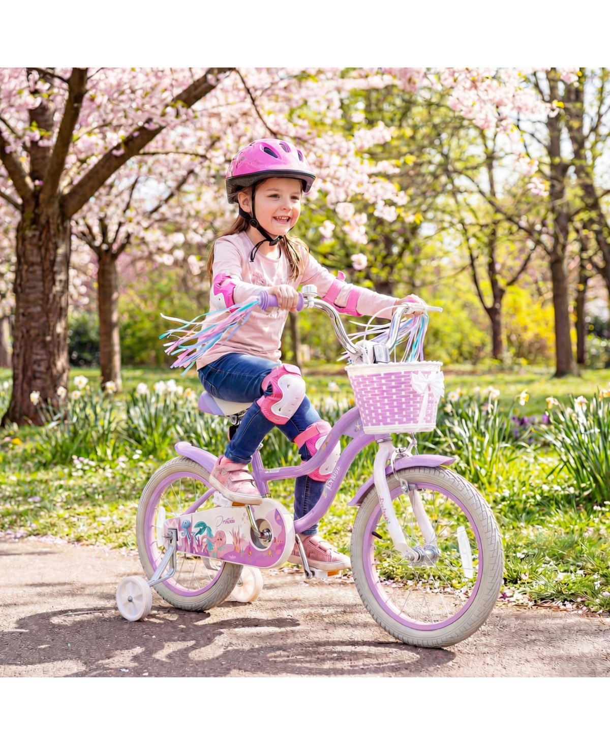 Slickblue 16" Princess Adjustable Kids Bike with Basket & Streamers, 110 lb. Capacity, Ages 4-7