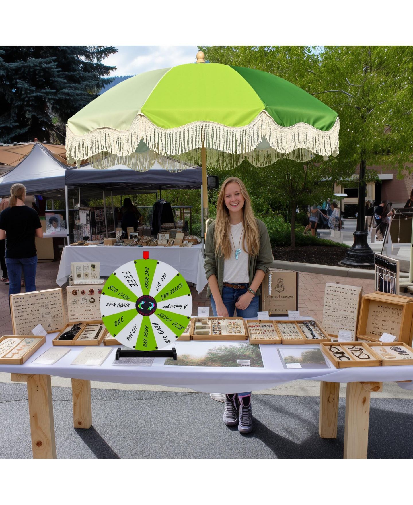 Детская игрушка WinSpin 24" Modular Prize Wheel Tabletop with Palm Springs Green Fringe Umbrella for Outdoor Pop-up Shop Craft Booth, цвет: Natrual — фото 3