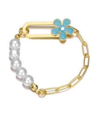 14K Gold Plated Pearls and Flower Enamel Toggle Clasp Bracelet