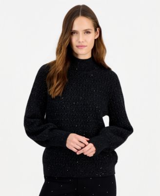 Women's Puff-Sleeve Sequin Mockneck Sweater
