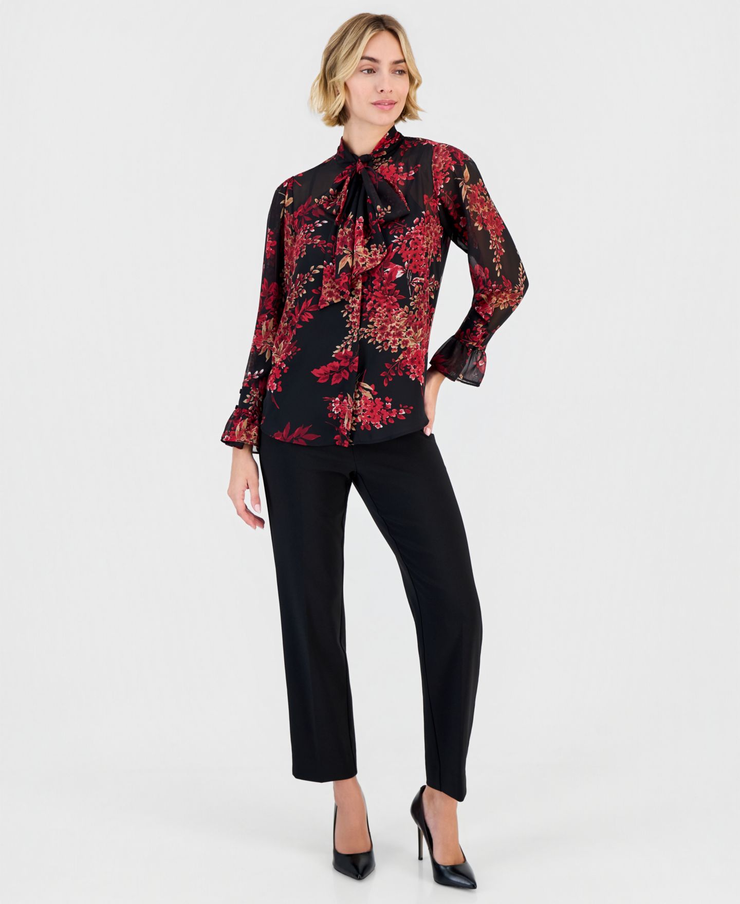 Женская блузка Anne Klein Long-Sleeve Bow-Front Floral-Print, цвет: Чёрный разноцветный — фото 3